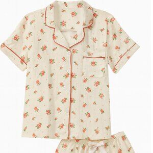 White and Pink Floral Button Up Pajama Set